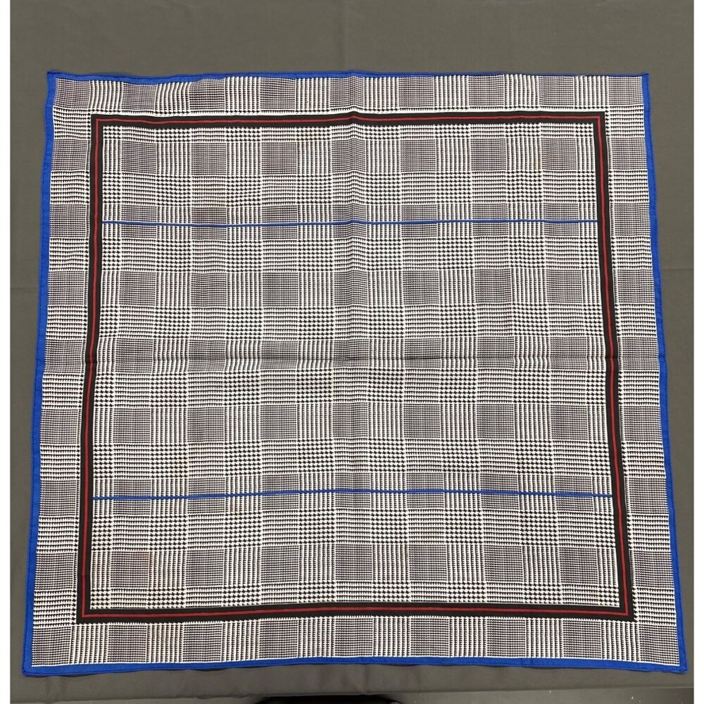 Vintage Glen Check Silk Pocket Square Handkerchief Blue Red Accent Trim Headwear